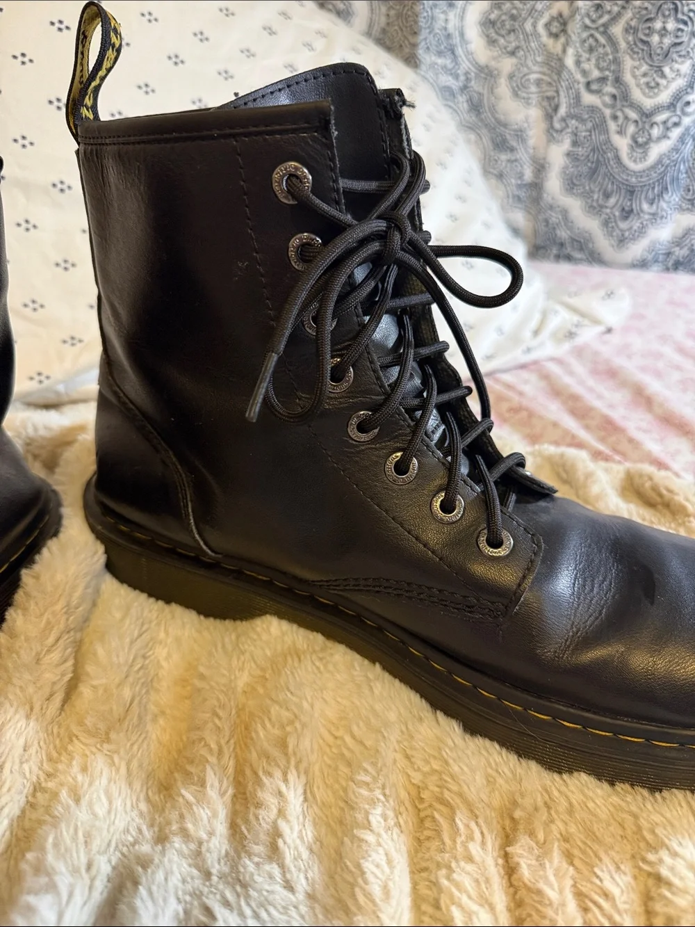 Dr. Martens Awley Black Leather Lace-Up Combat Boots with Yellow Stitch Nwot